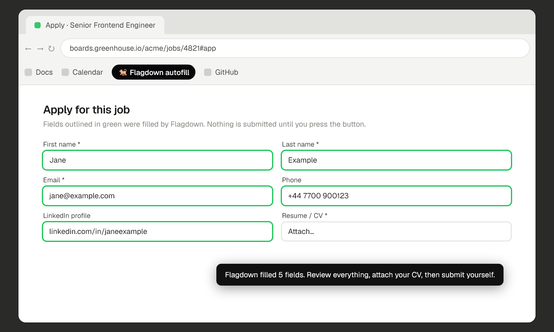 An application form with name, email, phone and LinkedIn filled in and outlined in green